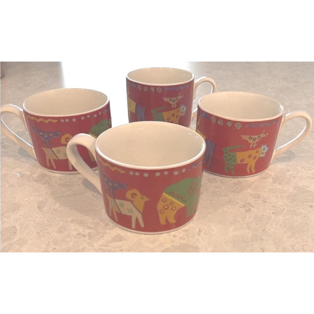Set Of 4 Red kiva Mugs Vintage Animal Print With Bright Colors. No Chips/cracks